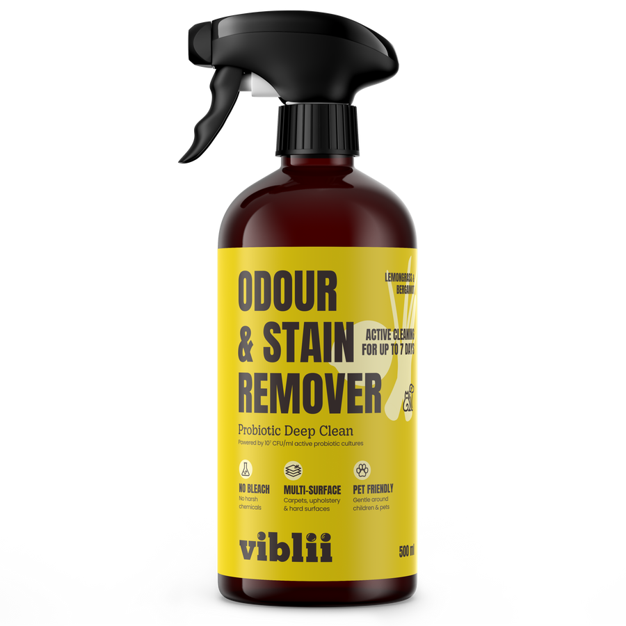 viblii Probiotic Odour & Stain Remover — 500ml amber trigger-spray bottle with yellow label