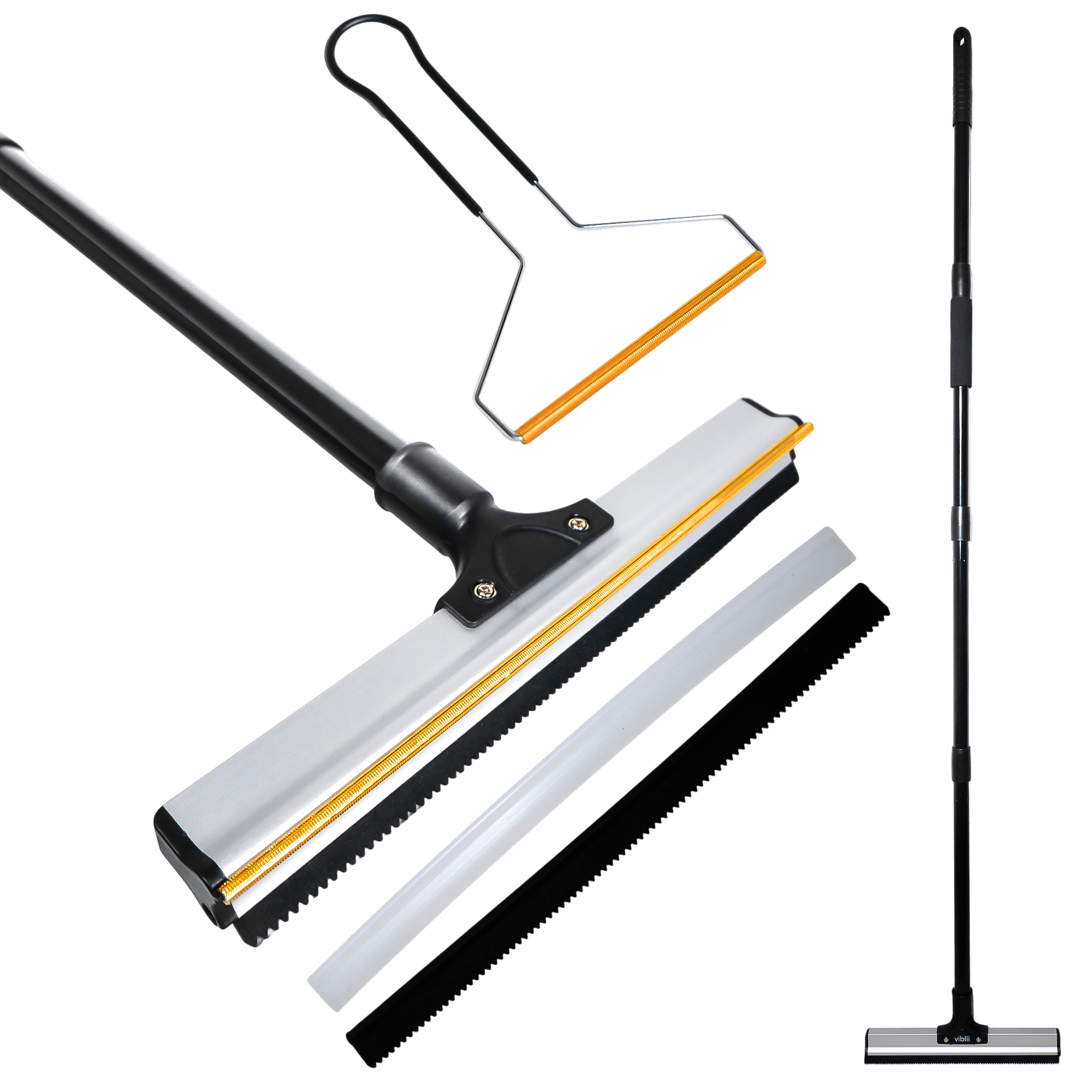 Dual - Edge Pet Hair Carpet Rake and Scraper - Pet Hair Removal with 157cm Adjustable Handle, Swappable Squeegee and Tooth Edge - viblii