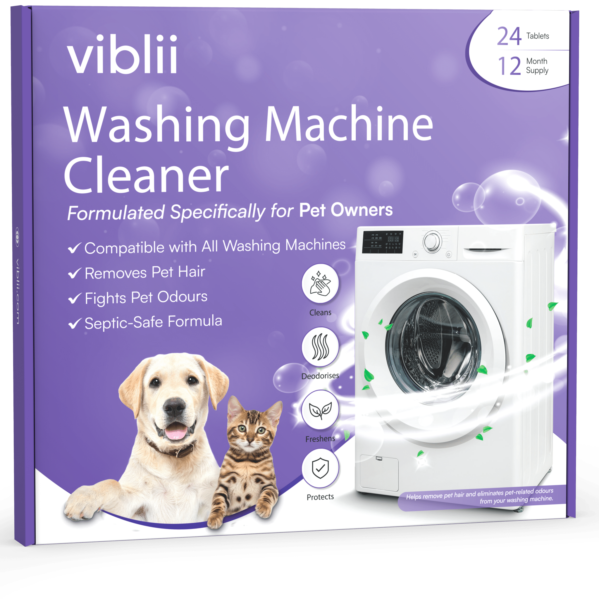 Viblii Washing Machine Cleaner Tablets - Pet Hair Remover - Septic - Safe Deep Clean with Limescale Prevention - Pet Hair Dissolver and Descaler for Drum – 12 - Month Supply of Cleaning Tablets - 24 - Pack - viblii