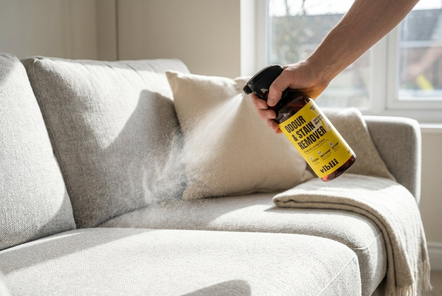 Spraying the probiotic Odour & Stain Remover onto a fabric sofa