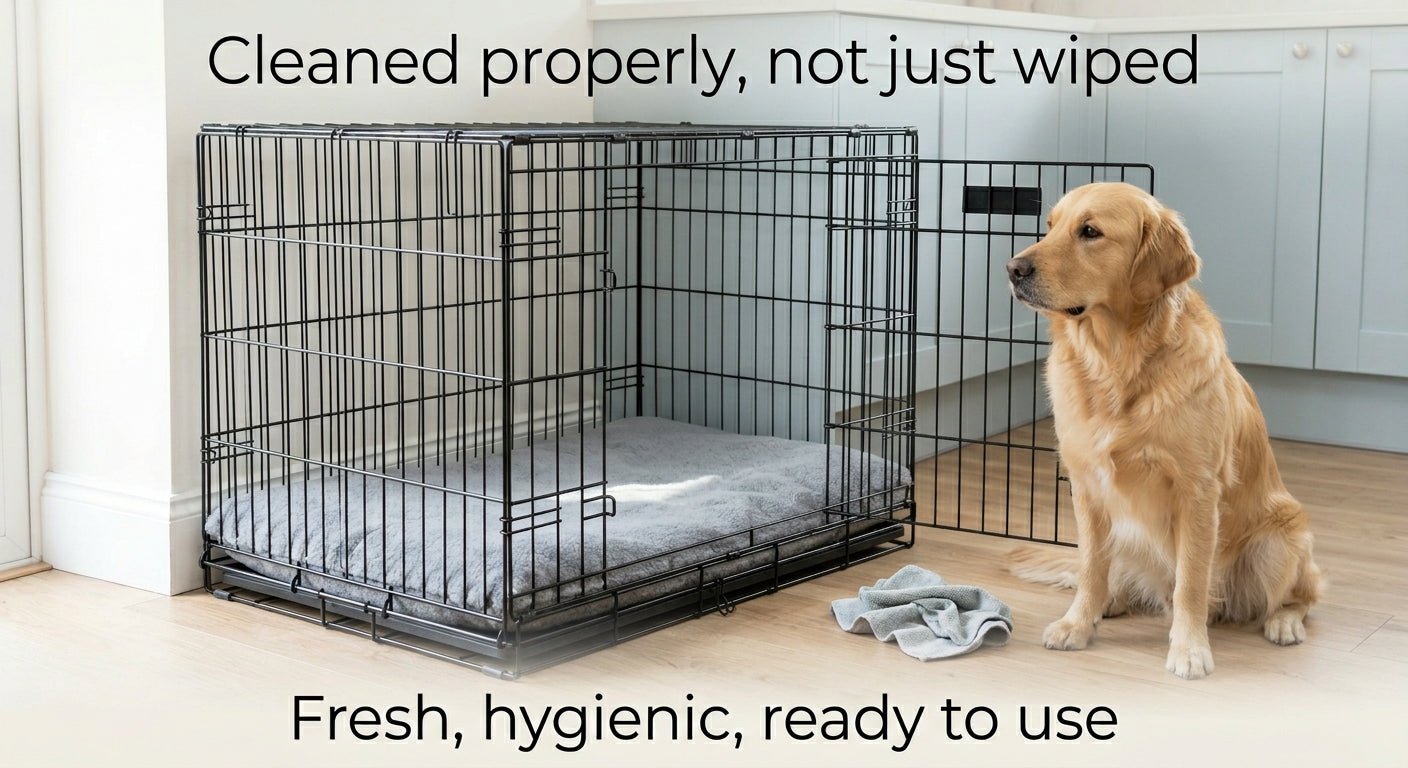 Metal dog crate being scrubbed with brush and pet-safe disinfectant