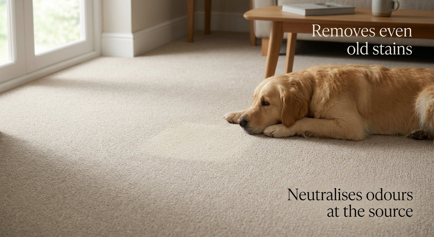 Dog urine stain on pale carpet being treated with enzyme cleaning solution