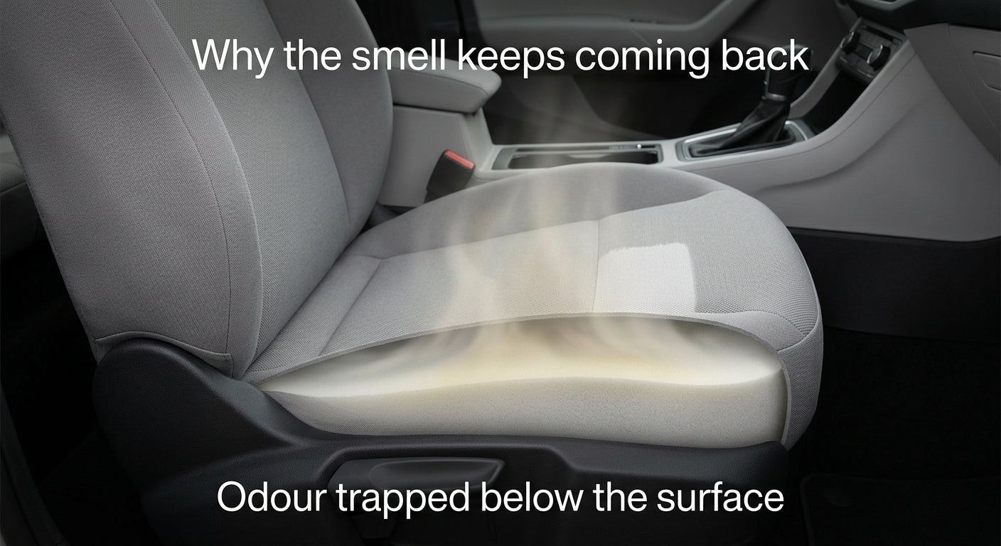 Dog in car boot with pet hair on seat and enzyme cleaner spray bottle