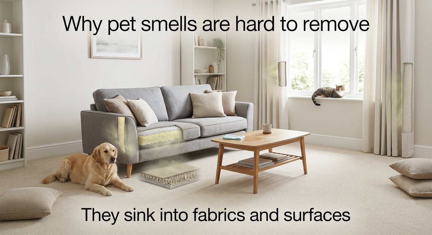 Dog sitting in UK home beside enzyme cleaner spray bottle