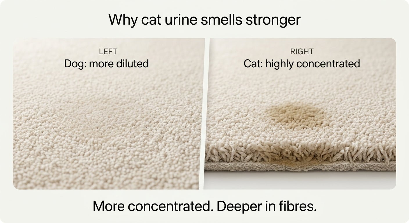 Enzyme cleaner being sprayed onto carpet to remove cat urine stain
