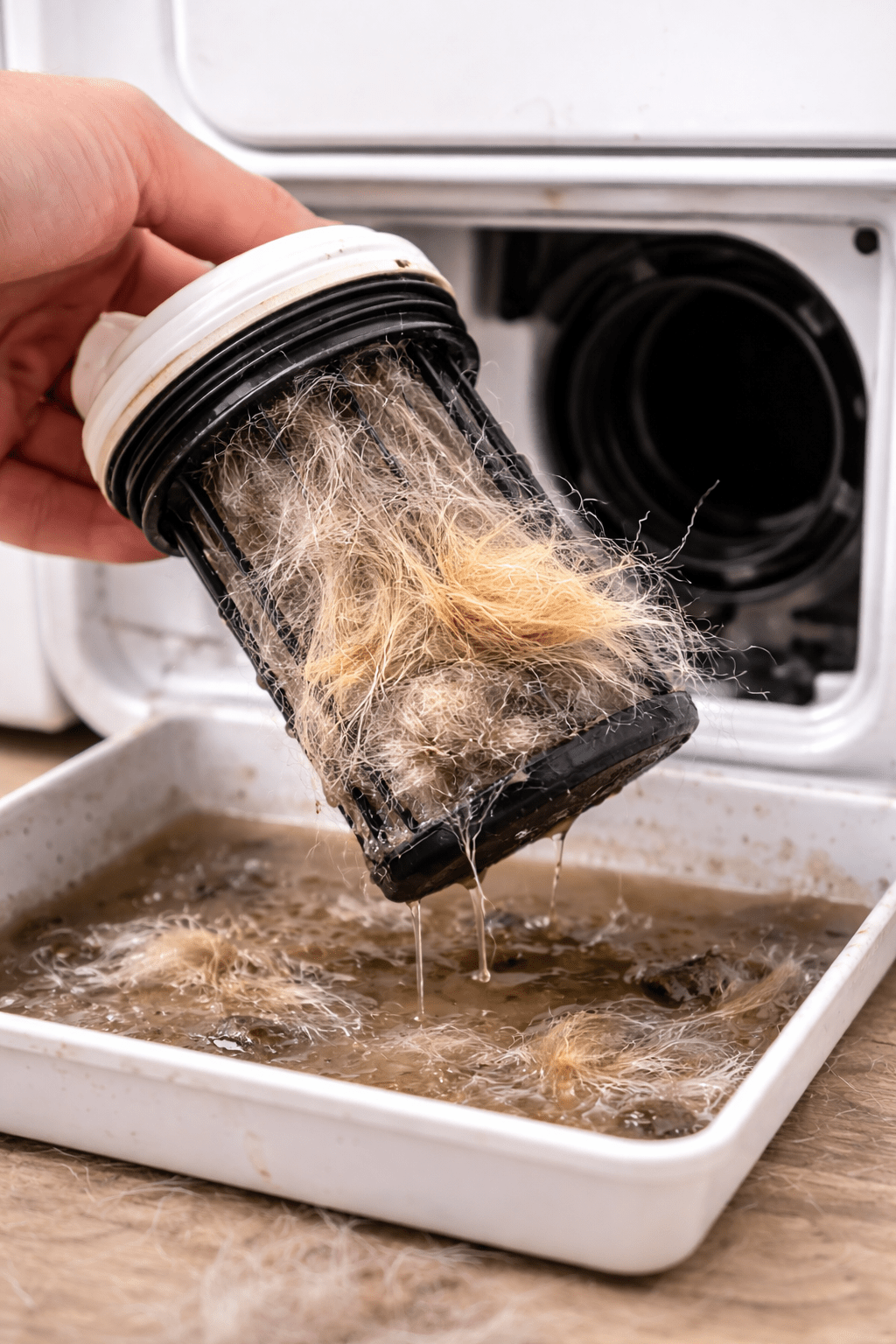 Dog hair clumps collected inside washing machine drum after laundry cycle