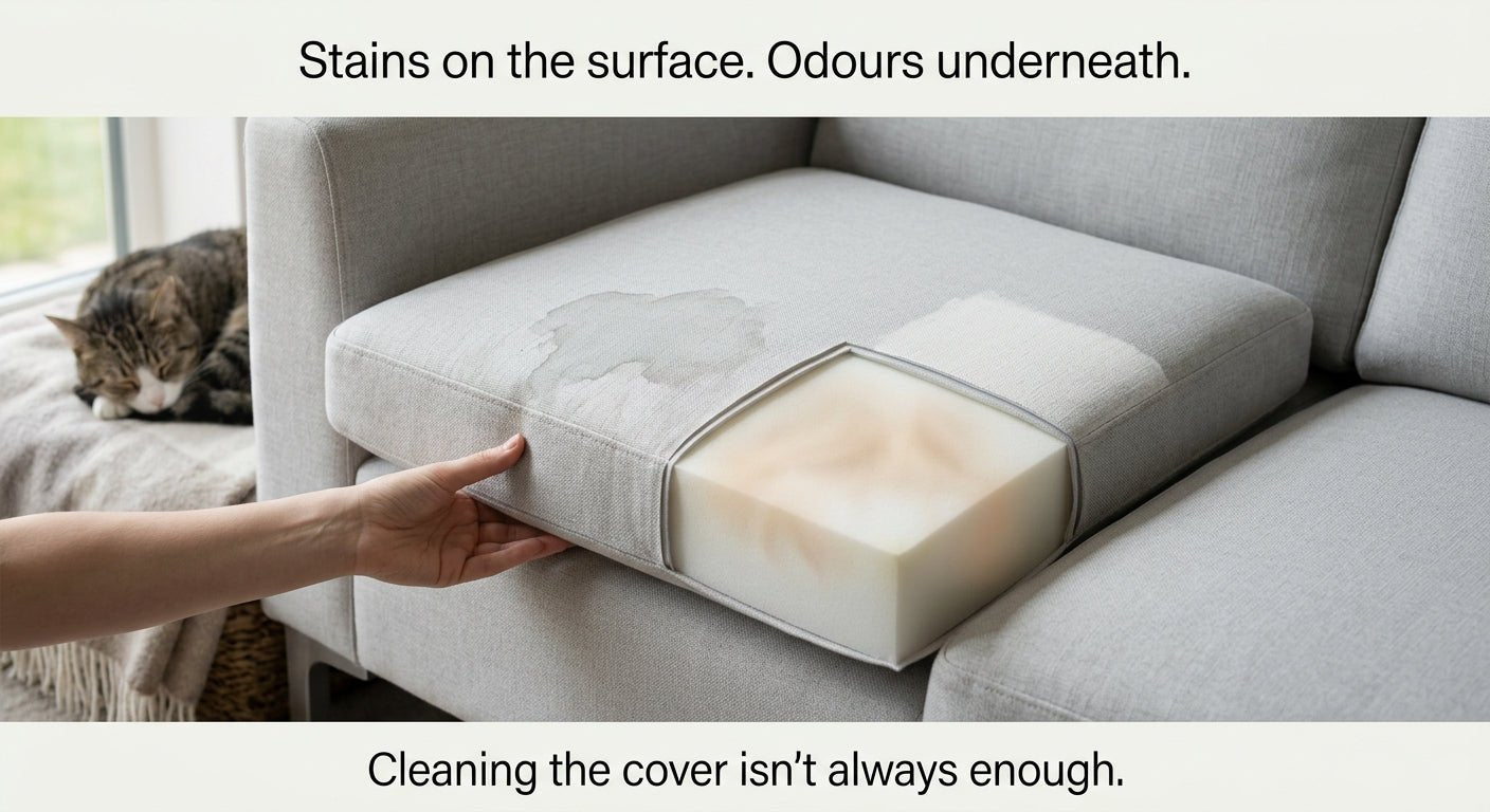 Pet stain on grey fabric sofa being treated with enzyme cleaning spray