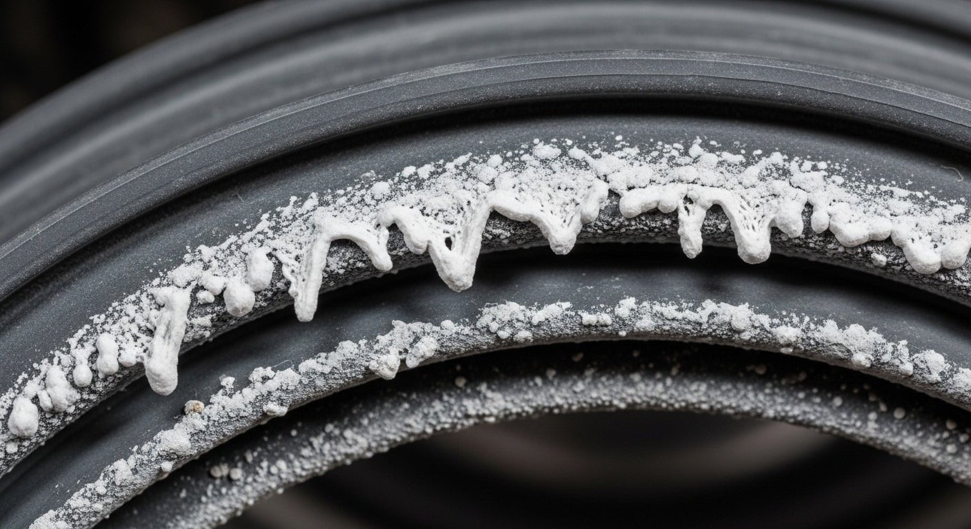 Limescale deposits coating washing machine drum and heating element