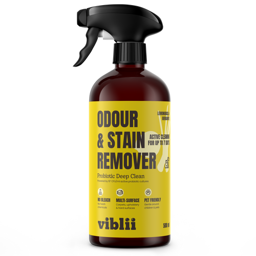 viblii Probiotic Odour & Stain Remover — 500ml amber trigger-spray bottle with yellow label