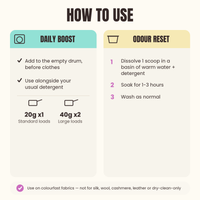 How to use the Enzyme Laundry Booster — Daily Boost in the drum (20g standard, 40g large loads) or Odour Reset soak, on colourfast fabrics