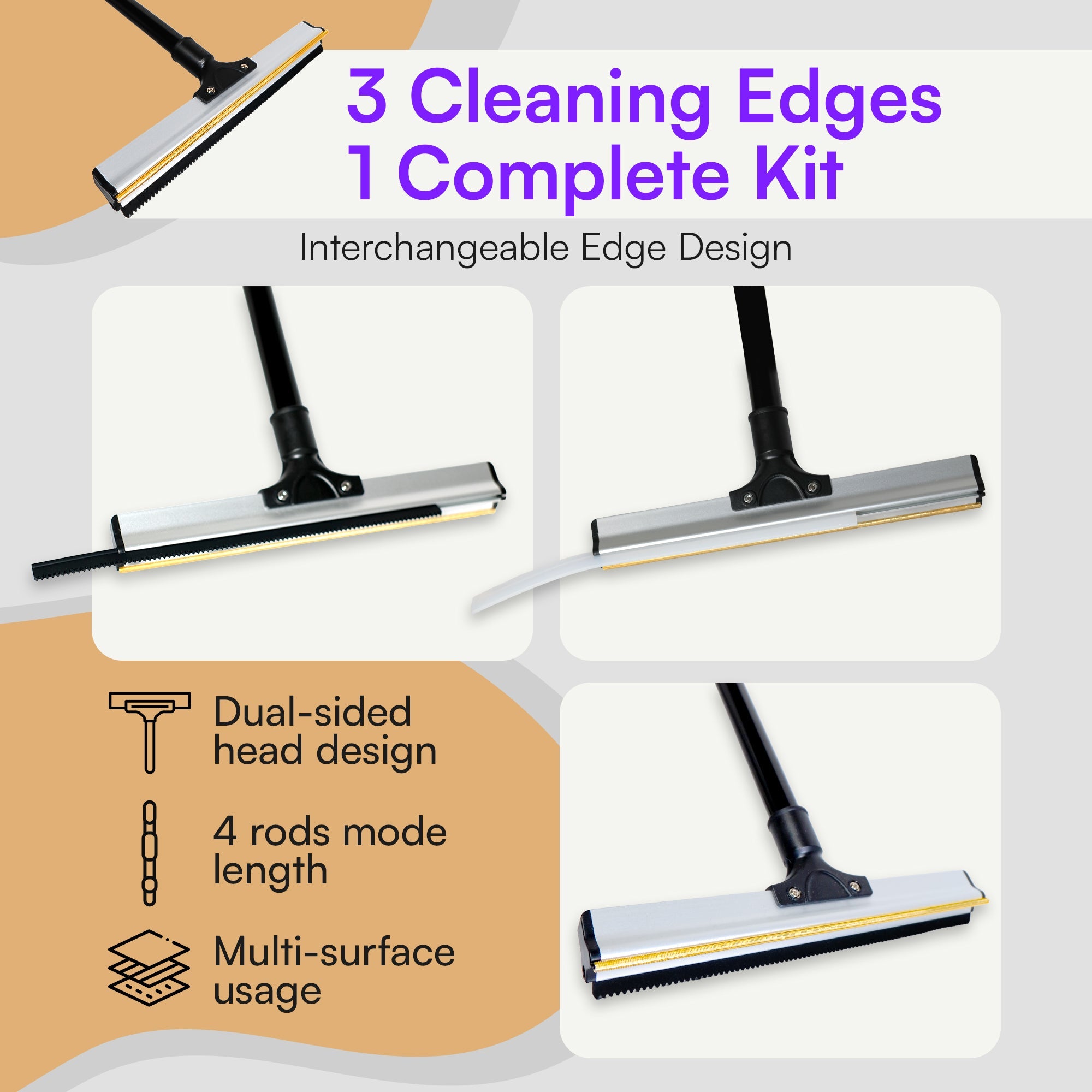 Dual - Edge Pet Hair Carpet Rake and Scraper - Pet Hair Removal with 157cm Adjustable Handle, Swappable Squeegee and Tooth Edge - viblii