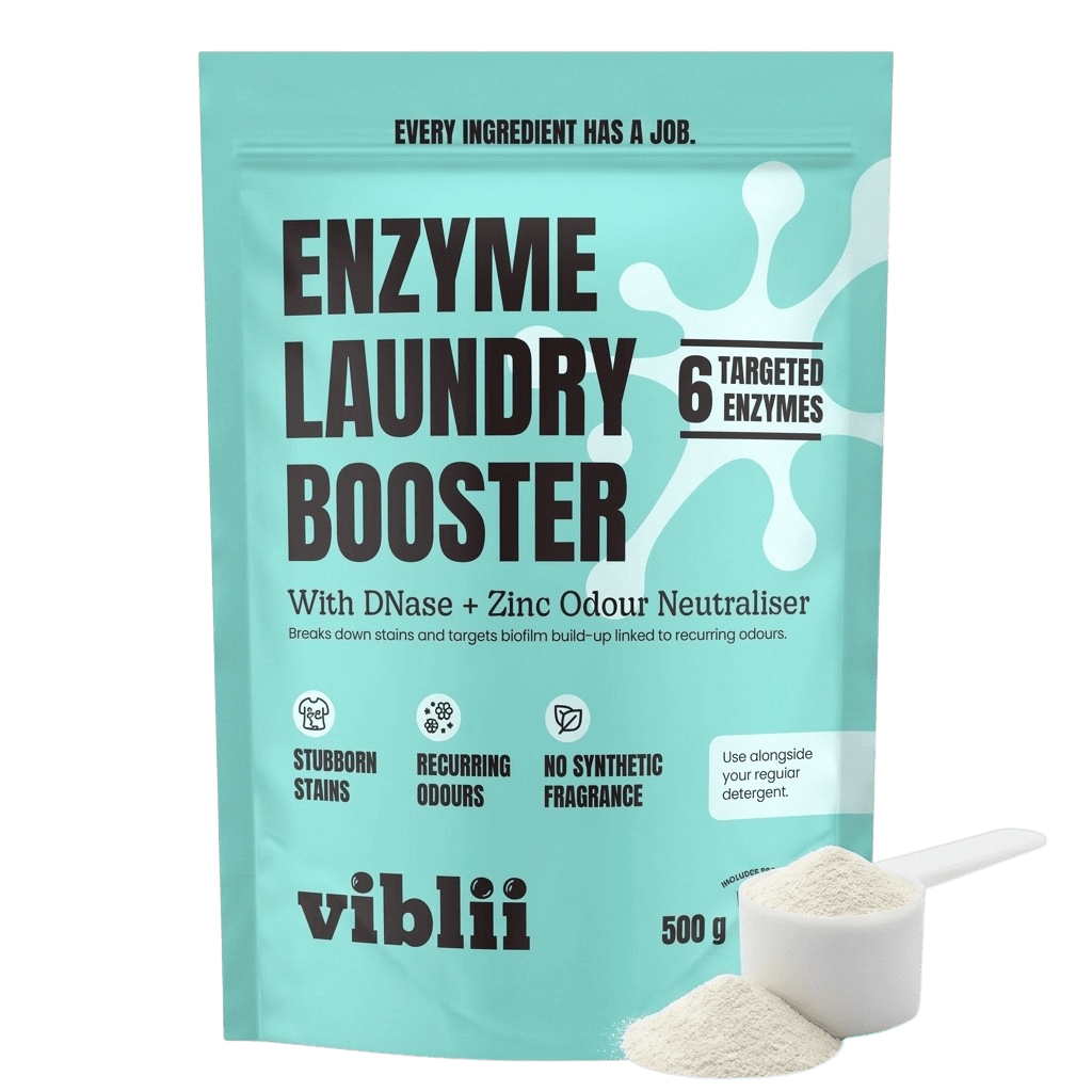 viblii Enzyme Laundry Booster 500g mint pouch with a scoop of powder — 6 enzymes plus zinc odour neutraliser