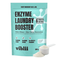 viblii Enzyme Laundry Booster 500g mint pouch with a scoop of powder — 6 enzymes plus zinc odour neutraliser