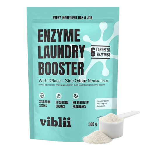 viblii Enzyme Laundry Booster 500g mint pouch with a scoop of powder — 6 enzymes plus zinc odour neutraliser