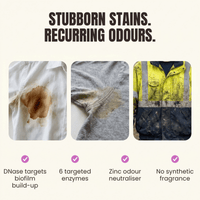 Enzyme Laundry Booster targets stubborn stains and recurring odours on shirts, gym tops and hi-vis workwear