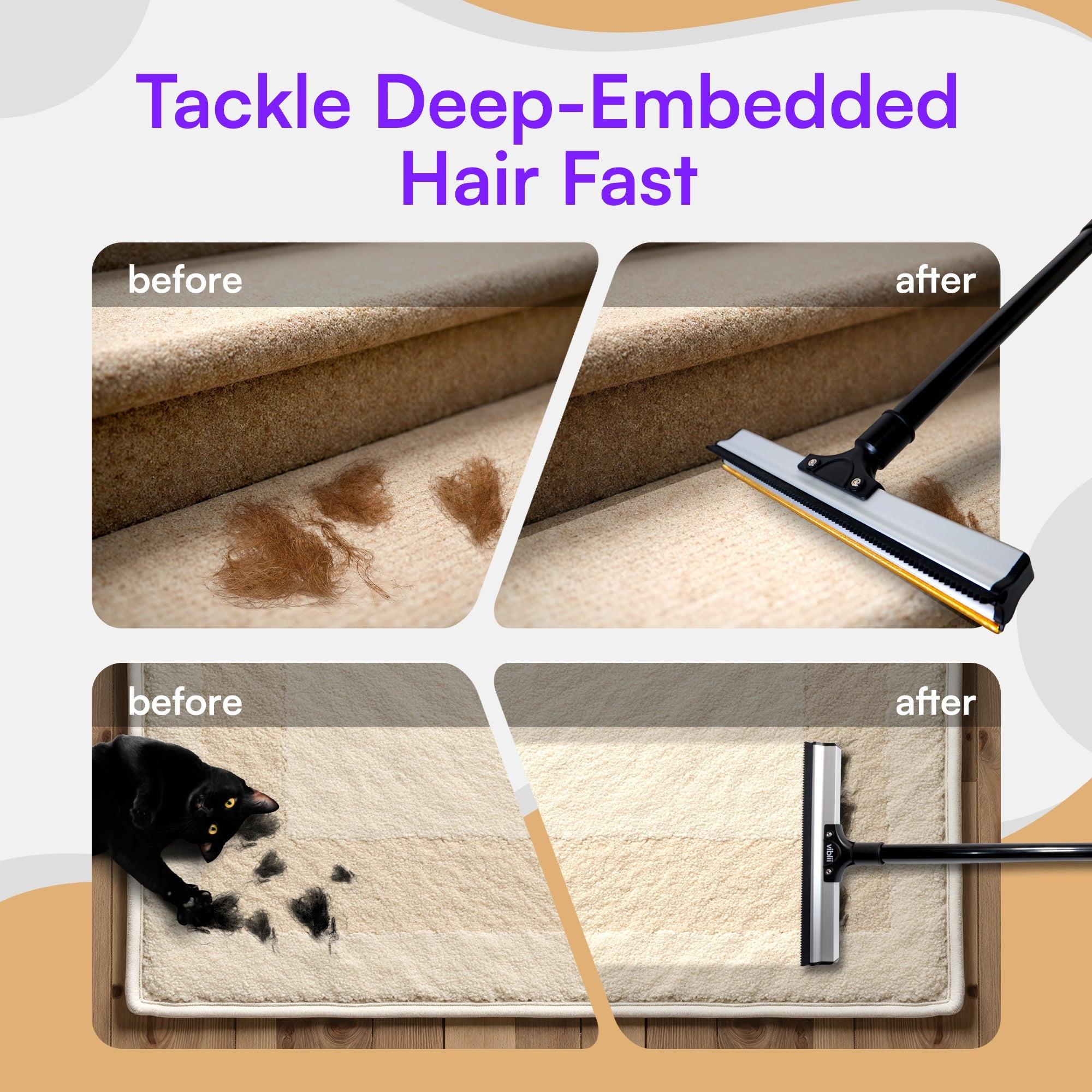 viblii carpet rake in use - lifting pet hair from carpet fibres