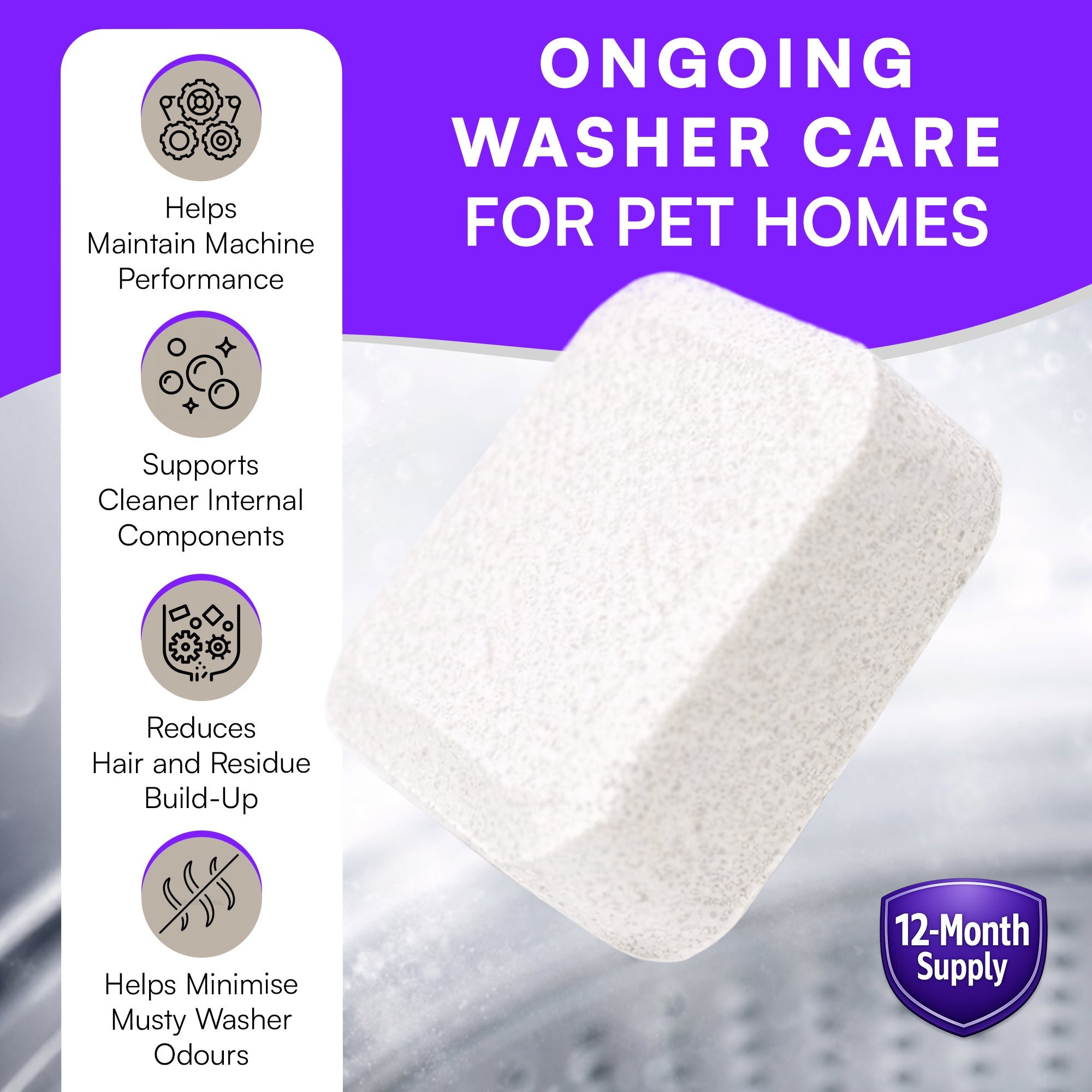 Viblii Washing Machine Cleaner Tablets - Pet Hair Remover - Septic - Safe Deep Clean with Limescale Prevention - Pet Hair Dissolver and Descaler for Drum – 12 - Month Supply of Cleaning Tablets - 24 - Pack - viblii