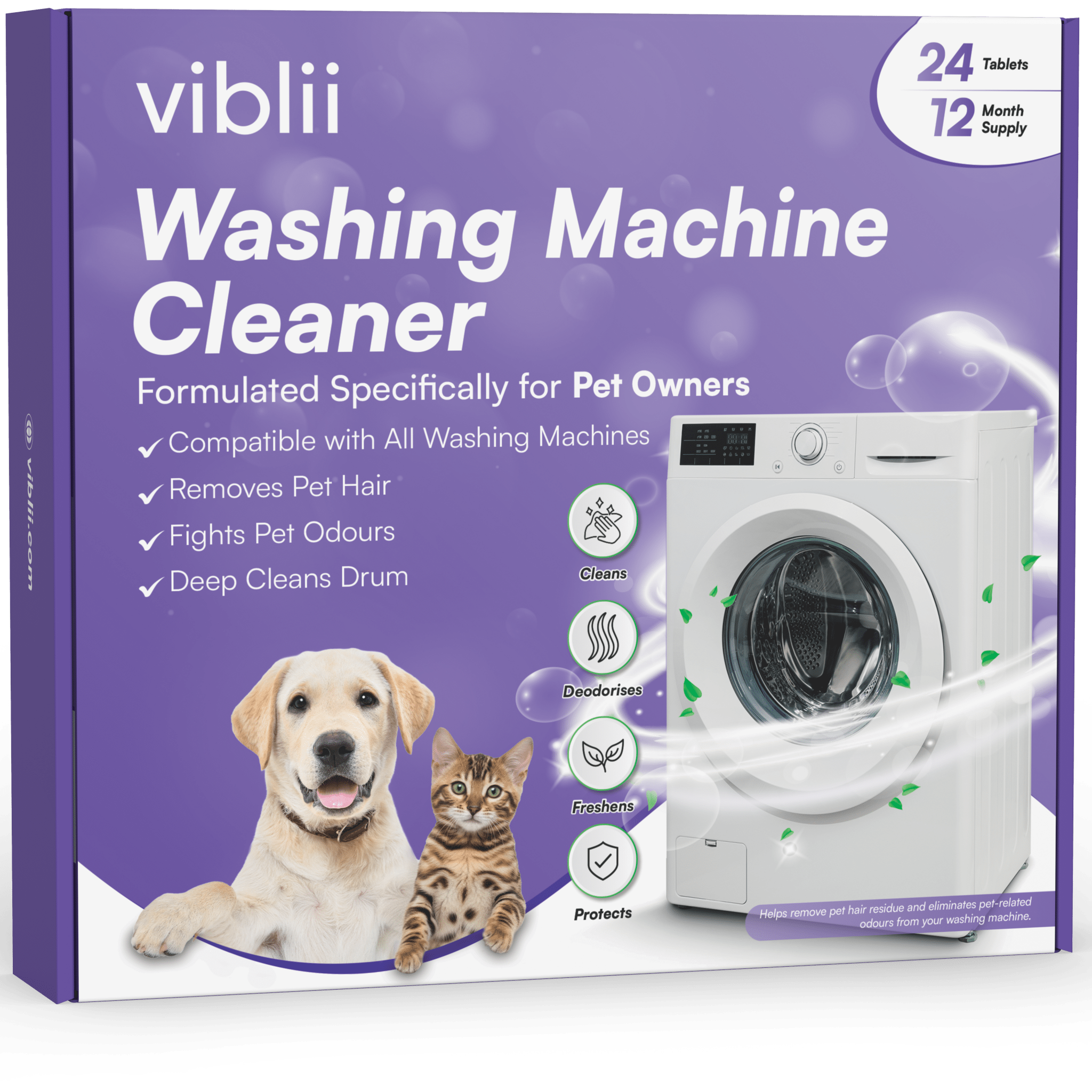 viblii enzyme washing machine cleaner tablets for pet owners - 24 pack box