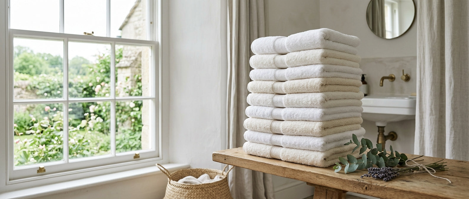 Fresh laundered towels stacked neatly — soft, fluffy, scale-free
