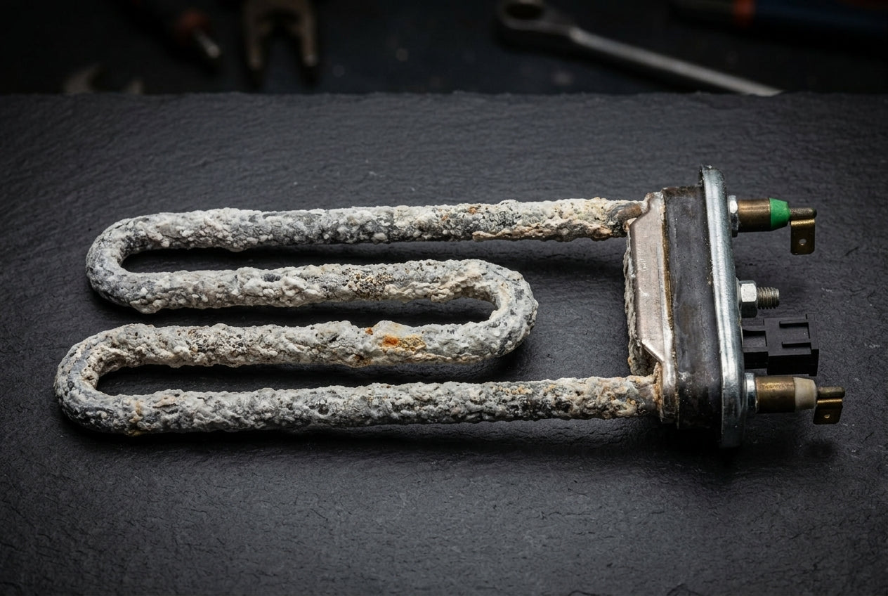 Limescale buildup on a washing machine heating element in a hard water area
