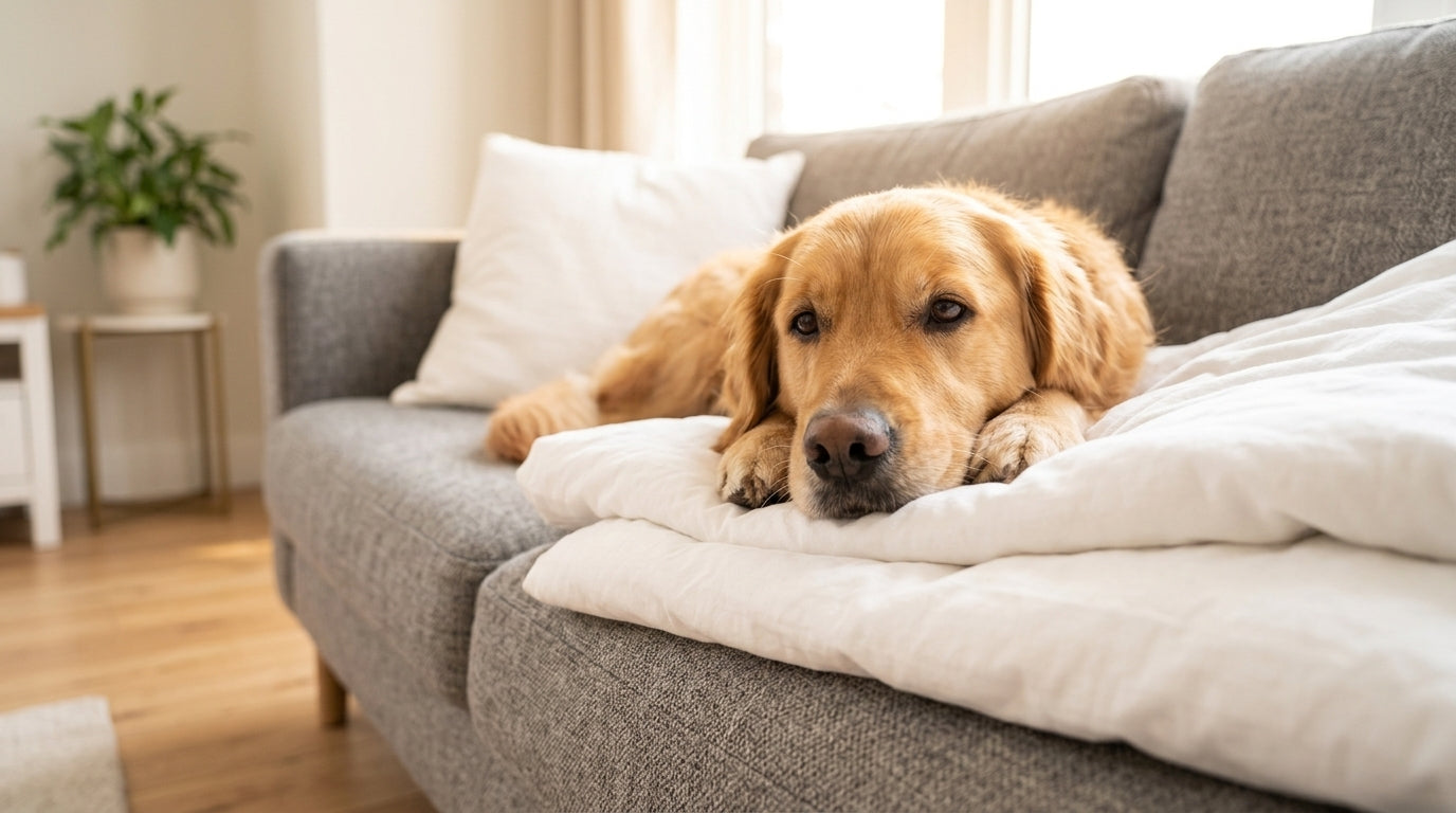 Golden retriever relaxing on a sofa with freshly laundered clean white blankets