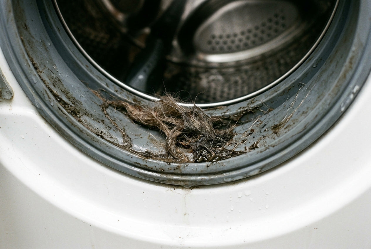 Pet hair and grime buildup trapped inside a washing machine rubber door seal