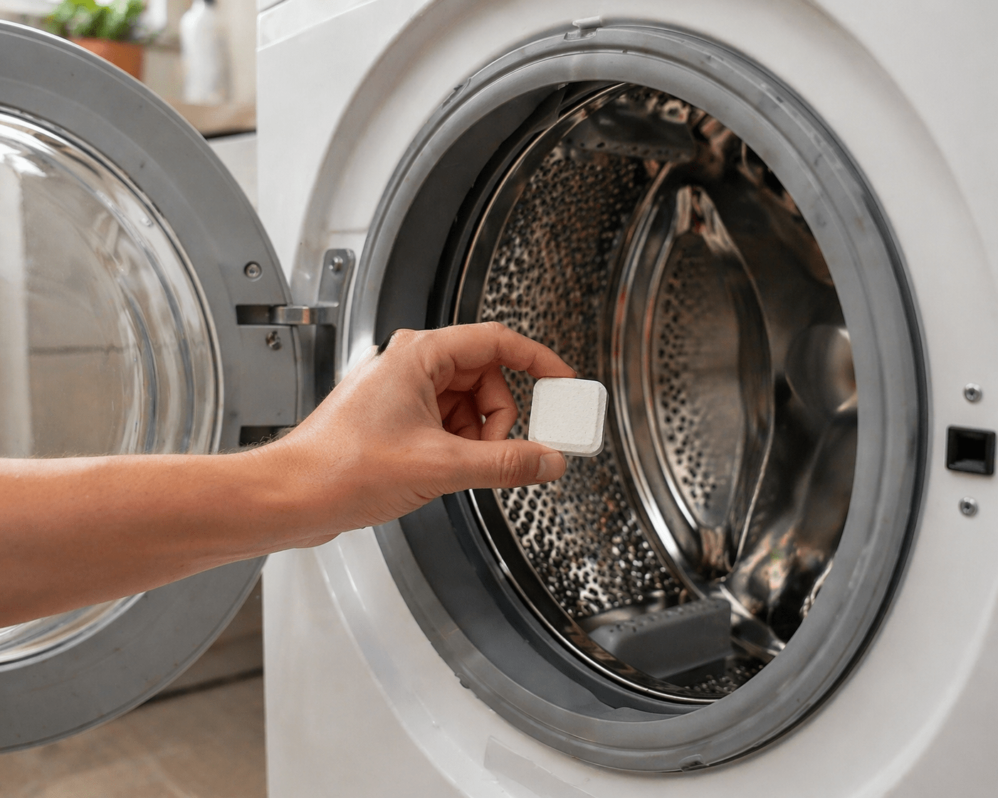 Hand dropping a viblii descaler tablet into an empty washing machine drum