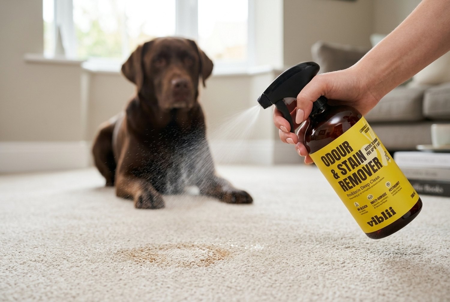 Spraying the multi-surface probiotic cleaner onto a wool rug